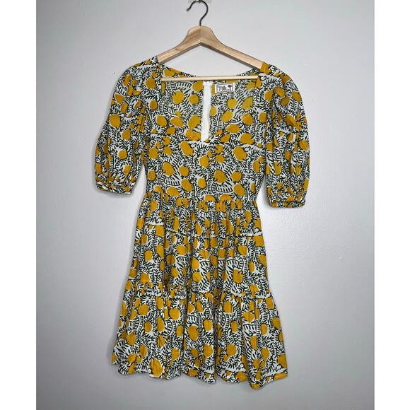 Mille Aneli Citrus Print Puff Sleeve Cotton Mini Dress XXS Yellow Green White - Picture 2 of 7